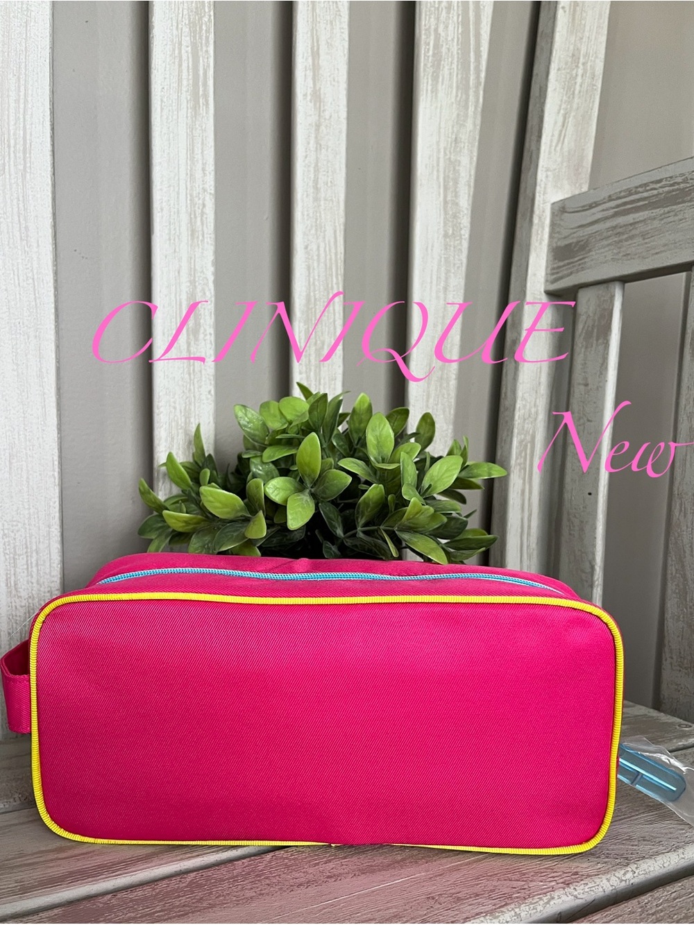 Clinique Hot Pink Makeup Bag Yellow Trim Limited Edition ~New~